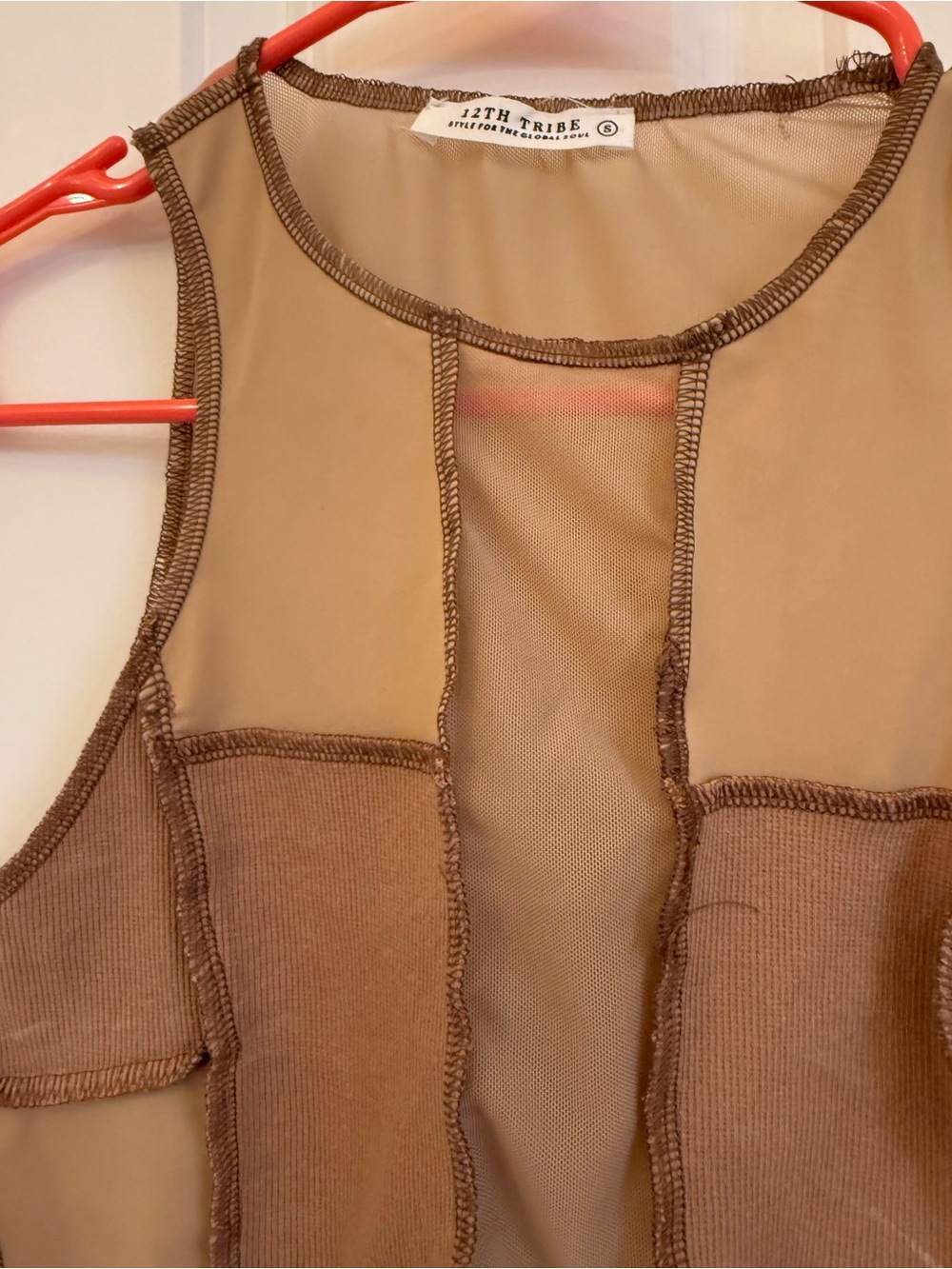12th Tribe Brown Patchwork Mesh Crop Top - Picture 2 of 3
